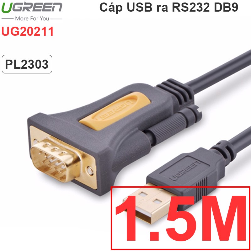 Cáp USB to COM RS232 Ugreen 20211 chính hãng, dài 1.5m, sử dụng chipset PL2303