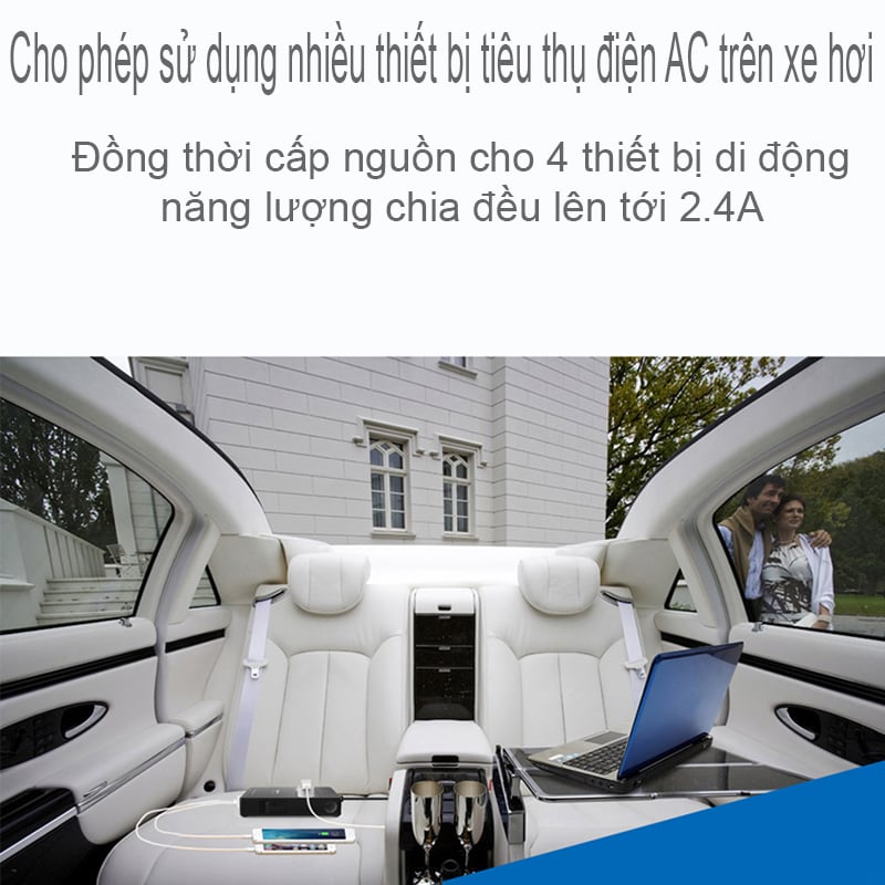 Bo Chuyen Doi Nguon 12V Tren Xe Hơi Sang Ac220V-150W Va 4 Cong Usb 5V-2.4A/1.5A