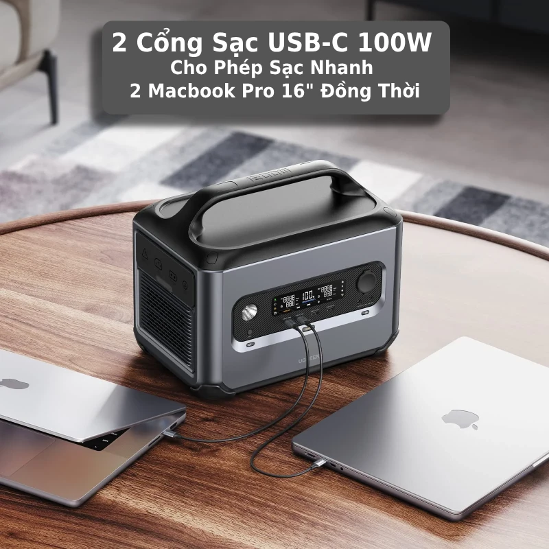 Trạm sạc điện dự phòng 600W Ugreen PowerRoam 600 với 2 cổng sạc USB C 100W cho phép sạc 2 Macbook Pro 16 đồng thời