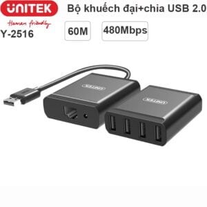 Bộ khuếch đại USB 60 mét + HUB 4 cổng qua cáp mạng Unitek Y-2516
