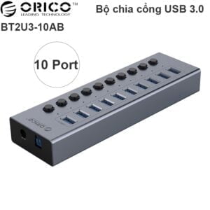 Bộ chia USB 3.0 10 cổng nguồn ngoài 12V vỏ nhôm Orico BT2U3-10AB