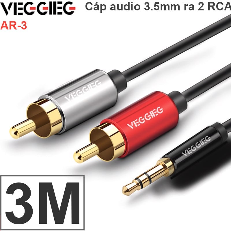 Cáp Audio 3.5mm to 2 RCA - Dây âm thanh 1 đầu 3,5mm ra 2 đầu AV hoa sen Veggieg 1M 1.5M 2M 3M 5M 10M 12M 15M