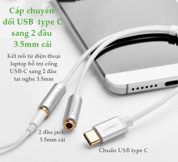 Cáp USB C ra 2 cổng 3.5mm cho tai nghe