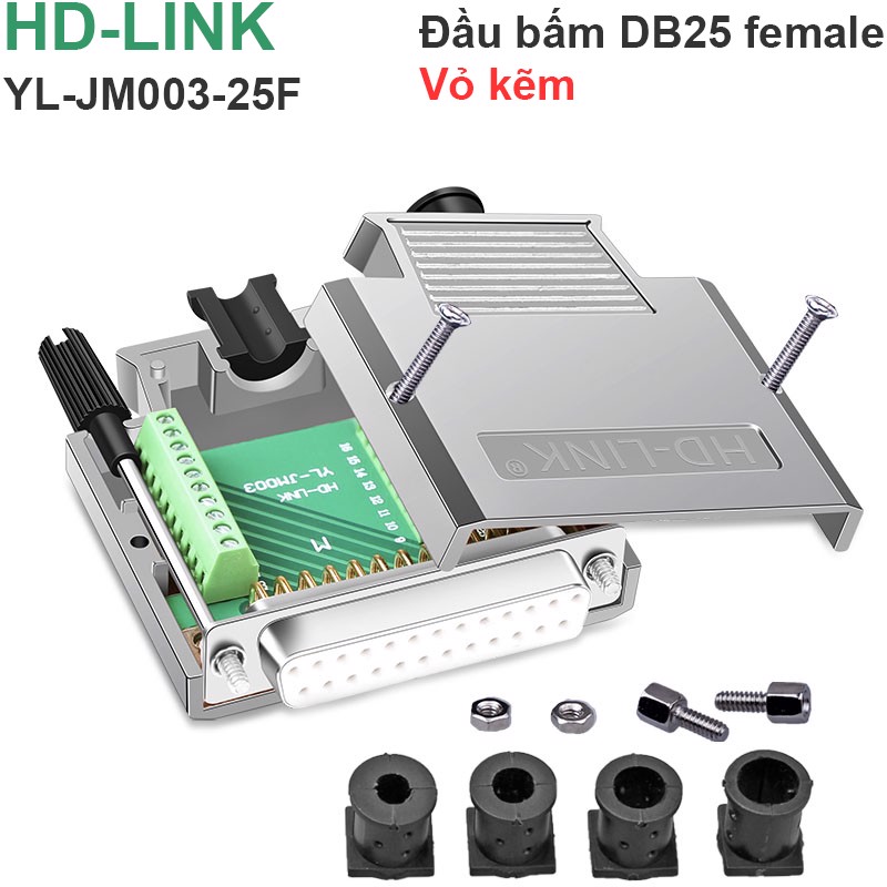 Đầu bấm cổng DB25 cái female bắt vít kèm vỏ ốp kẽm chân đồng mạ vàng 24K HD-LINK YL-JM003-25F