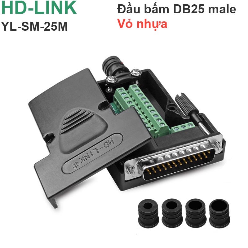 Đầu bấm cổng DB25 đực male bắt vít kèm vỏ ốp nhựa HD-LINK YL-SM-25M