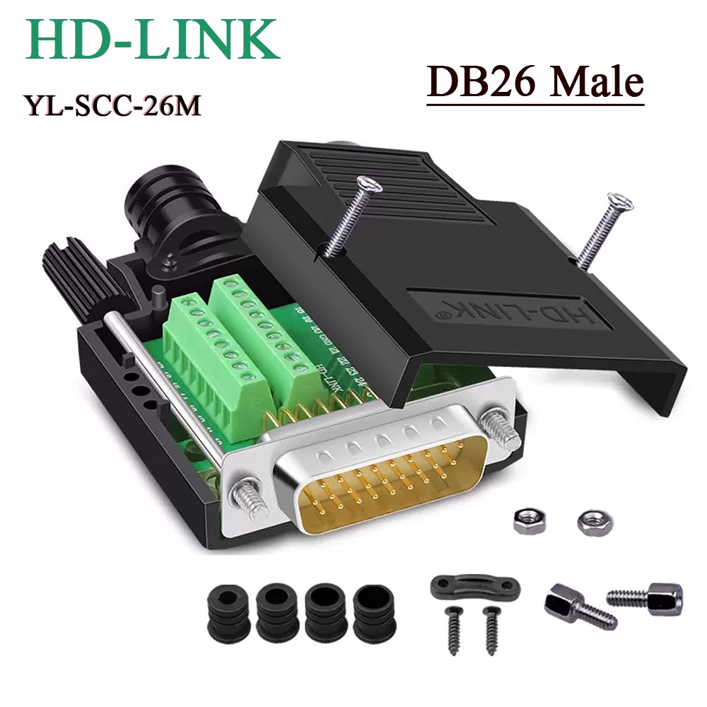 Đầu bấm cổng DB26 đực male bắt vít kèm vỏ ốp nhựa chân đồng HD-LINK YL-SCC-26M