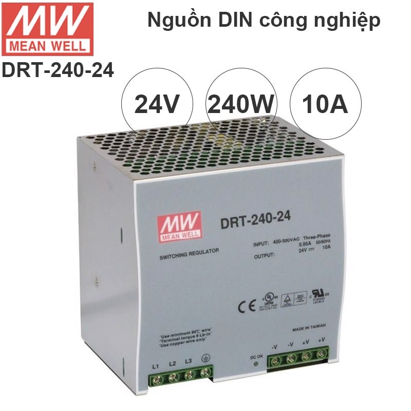 Nguồn DIN công nghiệp 240W 24V 10A Meanwell DRT-240-24