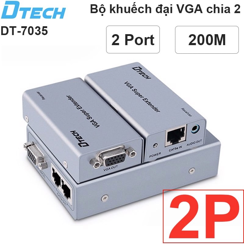 Bộ khuếch đại và chia VGA audio 1 ra 2 200 mét DTECH DT-7035