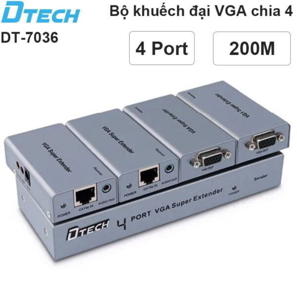 Bộ khuếch đại và chia VGA audio 1 ra 4 200 mét DTECH DT-7036
