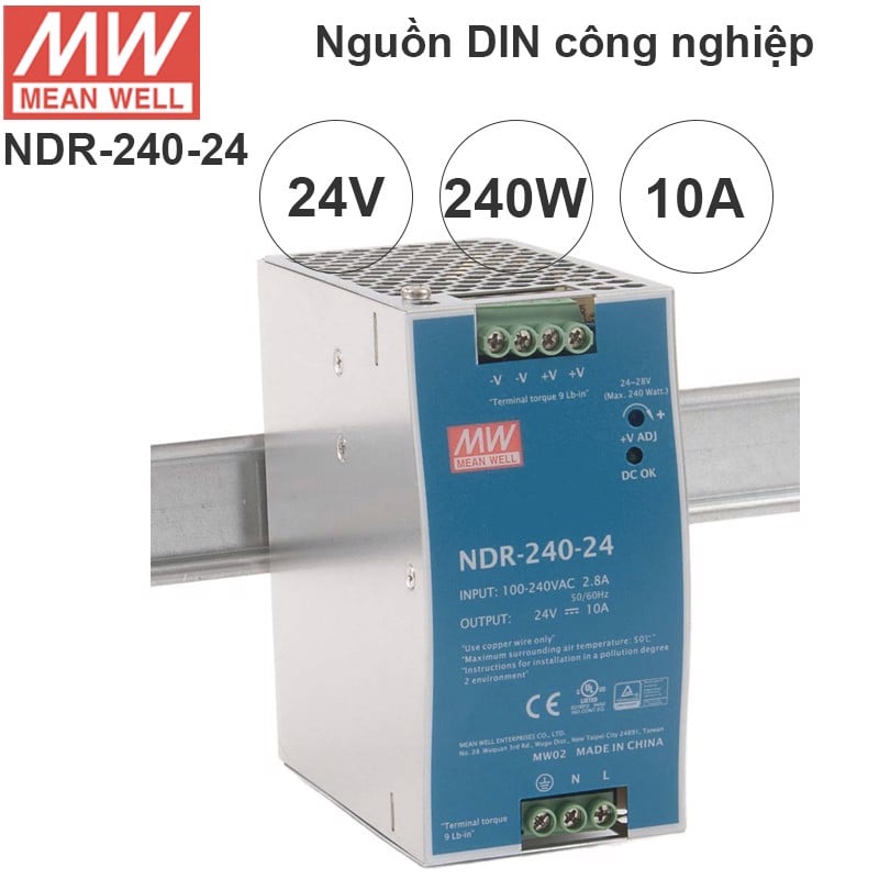 Nguồn DIN công nghiệp 240W 24V 10A Meanwell NDR-240-24