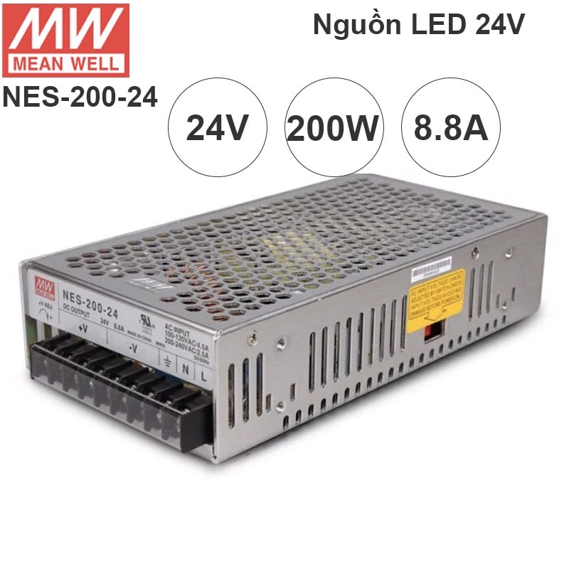 Nguồn LED tổng DC 24V-8.8A MeanWell NES-200-24 có ADJ 25v, 26v, 27v, 28V