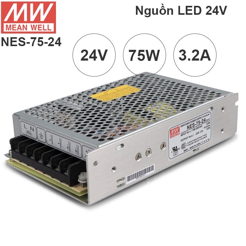 Nguồn LED tổng DC 24V-3.2A MeanWell NES-75-24 có ADJ 25v, 26v, 27v, 28V