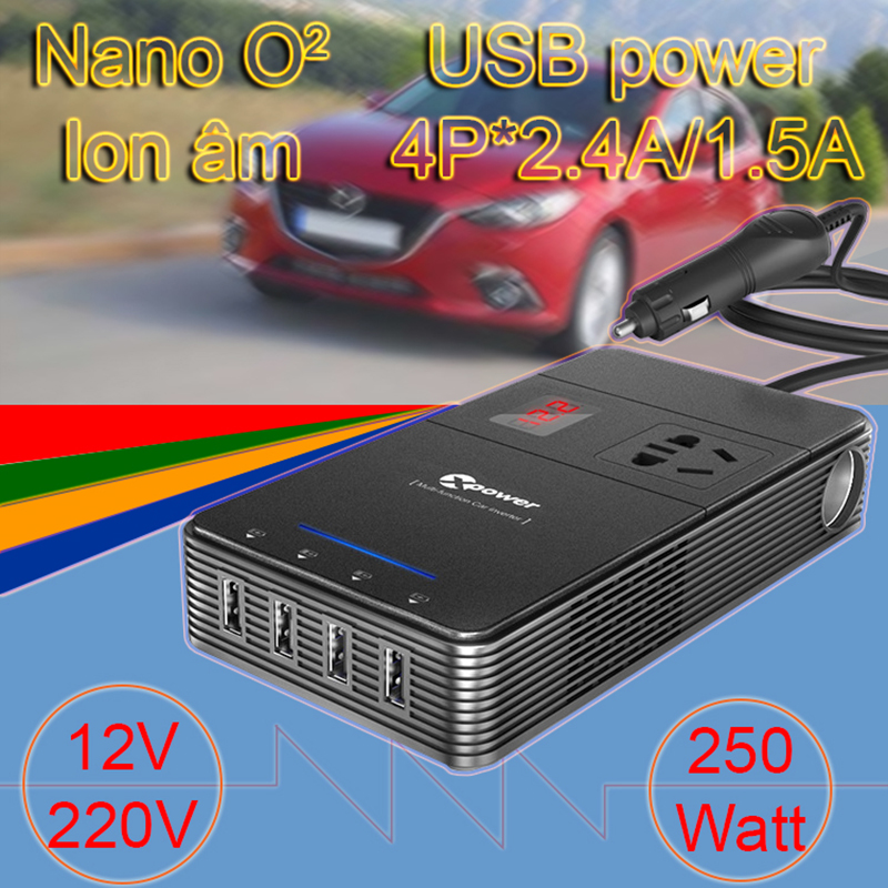 Bo Chuyen Doi Nguon 12V Tren Xe Hơi Sang Ac220V-150W Va 4 Cong Usb 5V-2.4A/1.5A