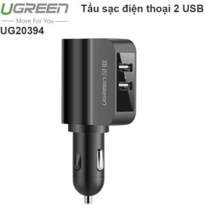 Tẩu sạc nguồn trên ô tô 2 cổng USB 2.4A và 1A Ugreen 20394 có đầu mở rộng 12V