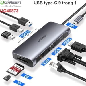 Bộ chia USB Type-C 9 trong 1 ra USB 3.0 HDMI VGA TF SD USB-C PD Ugreen 40873