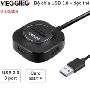 Bộ chia HUB USB 3.0 3 cổng + Đầu đọc thẻ SD Micro SD USB 3.0 Veggieg V-U3405