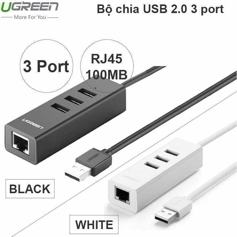 Bộ chia USB 2.0 3 cổng kết hợp USB sang RJ45 LAN 10/100Mb Ugreen 30301 30297 30298