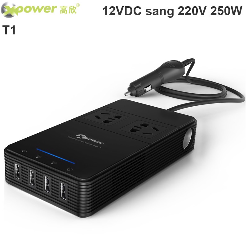 Bộ tẩu sạc chuyển nguồn 12V sang 220V 2 ổ điện, 4 cổng USB DC5V-2.4A QC3.0 Xpower Nano O2 Series T1