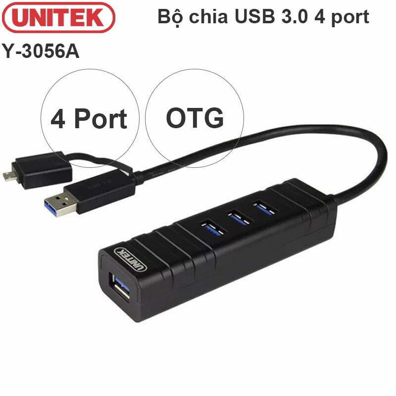 Bộ chia cổng USB 3.0 4 port hỗ trợ OTG micro USB Unitek Y-3056A