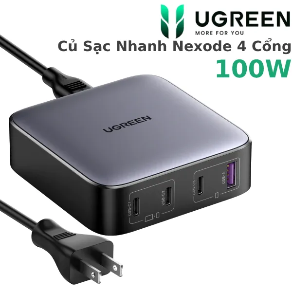 Củ sạc nhanh Nexode 100W GaN 4 cổng, 3x USB Type-C, 1x USB-A Ugreen 90736 chính hãng