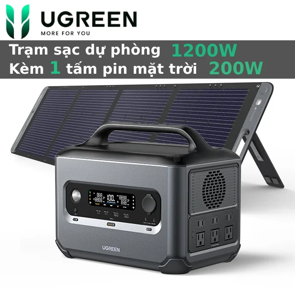 Trạm sạc dự phòng 1200W Ugreen PowerRoam 1200 kèm 1 tấm pin năng lượng mặt trời 200w