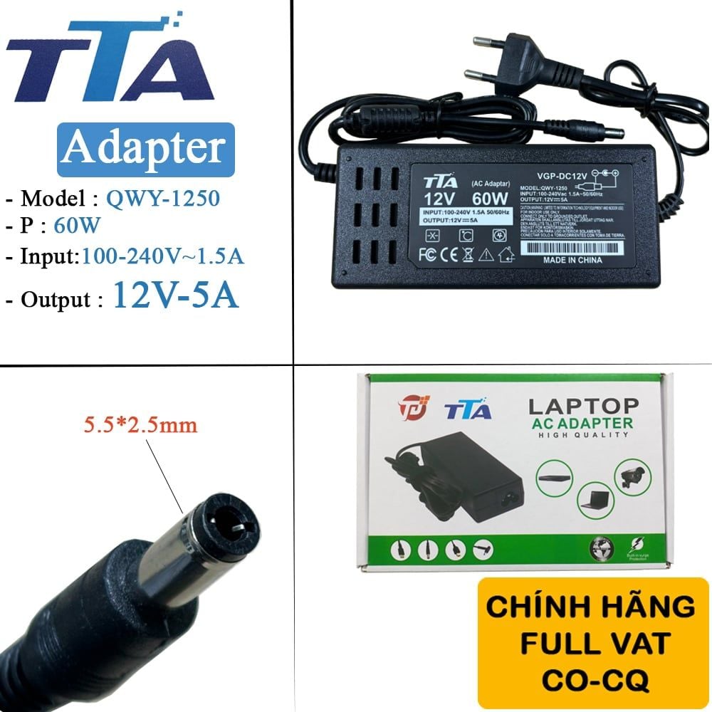 Nguồn adapter DC 12V5A chân 5.5*2.5mm 60W chính hãng TTA QWY-1250