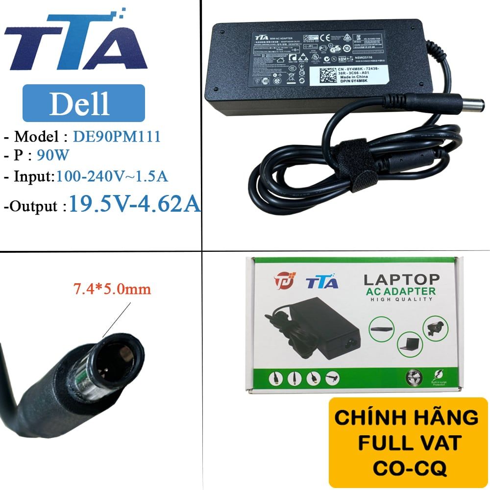 Bộ nguồn sạc pin laptop Dell 19.5V-4.62A 90W chân 7.4*5.0mm chính hãng TTA - DE-90PM111