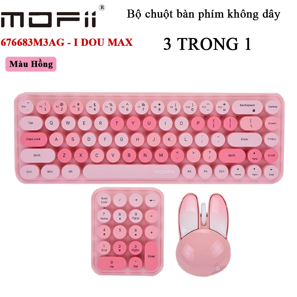 Bộ bàn phím chuột không dây kèm phím số kiểu dáng tai thỏ Mofii 676683M3AG - Màu Hồng