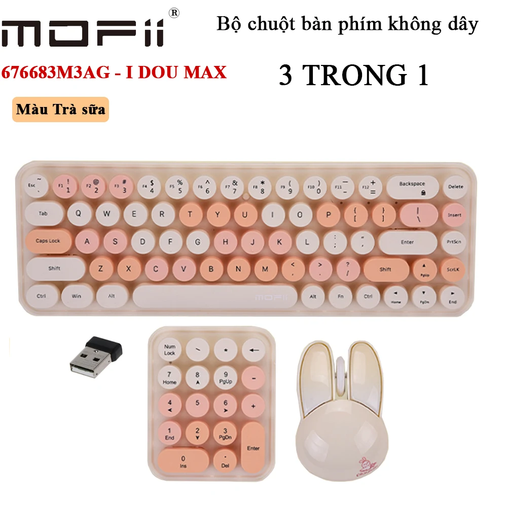 Bộ bàn phím chuột không dây kèm phím số kiểu dáng tai thỏ Mofii 676683M3AG - Màu trà sữa