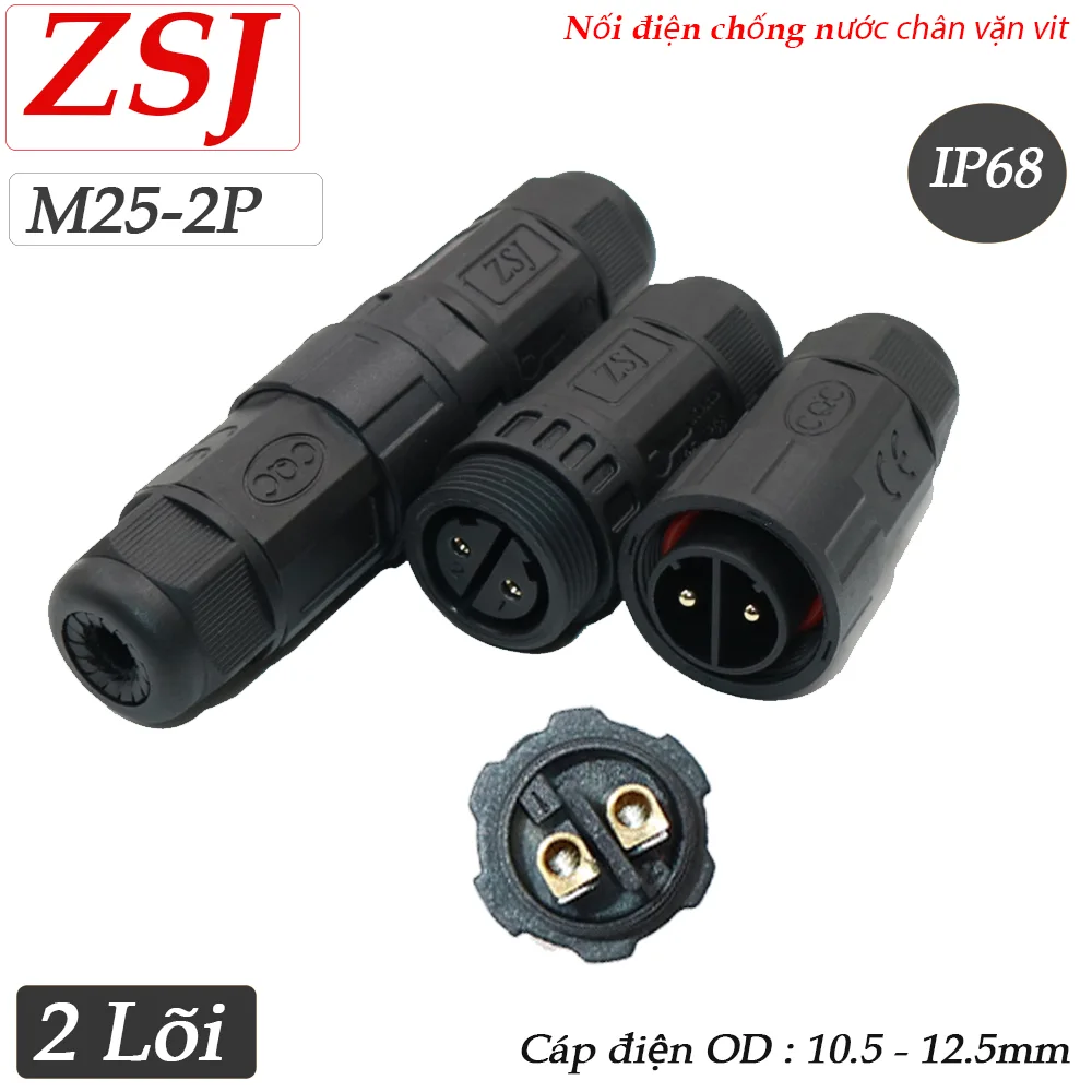 Đầu nối điện chống nước 2 lõi chuẩn IP68 ZSJ M25-2P