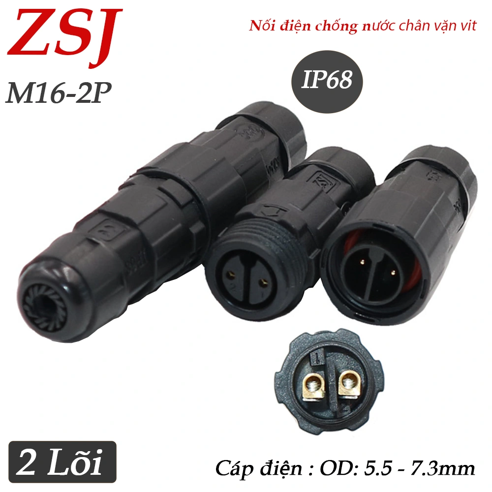 Đầu nối điện chống nước 2 lõi chuẩn IP68 chính hãng ZSJ - M16-2P