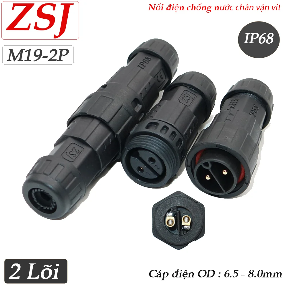 Đầu nối điện chống nước 2 lõi chuẩn IP68 chính hãng ZSJ M19-2P