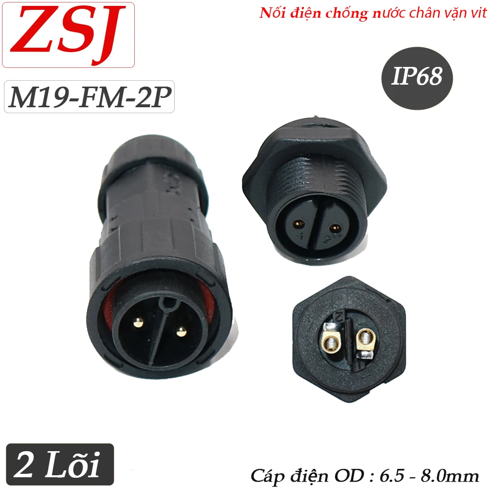 Đầu nối điện chống nước 2 lõi lắp bảng điều khiển IP68 ZSJ M19-FM/MF-2P