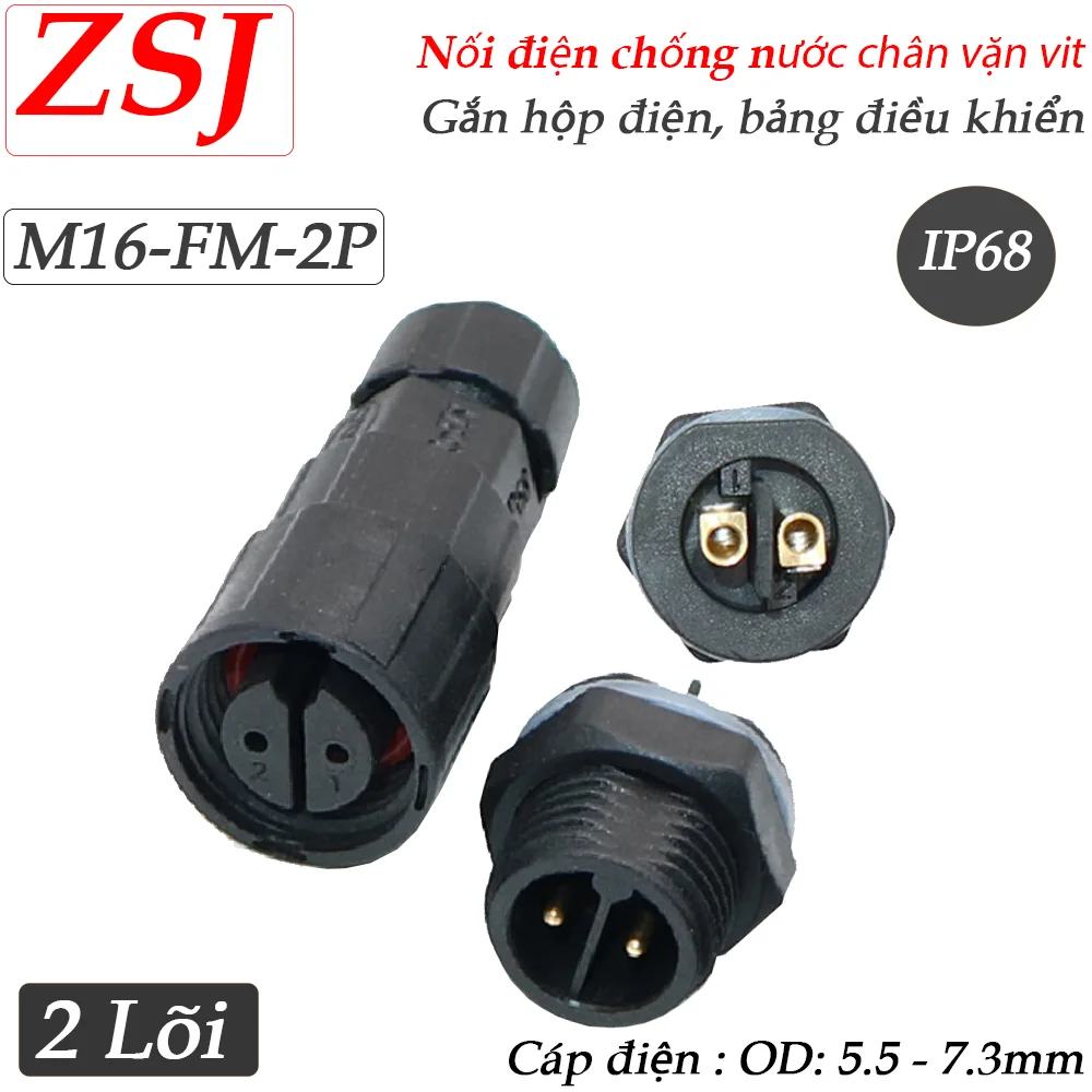 Đầu nối điện chống nước 2 lõi lắp bảng điều khiển M16-FM-2P