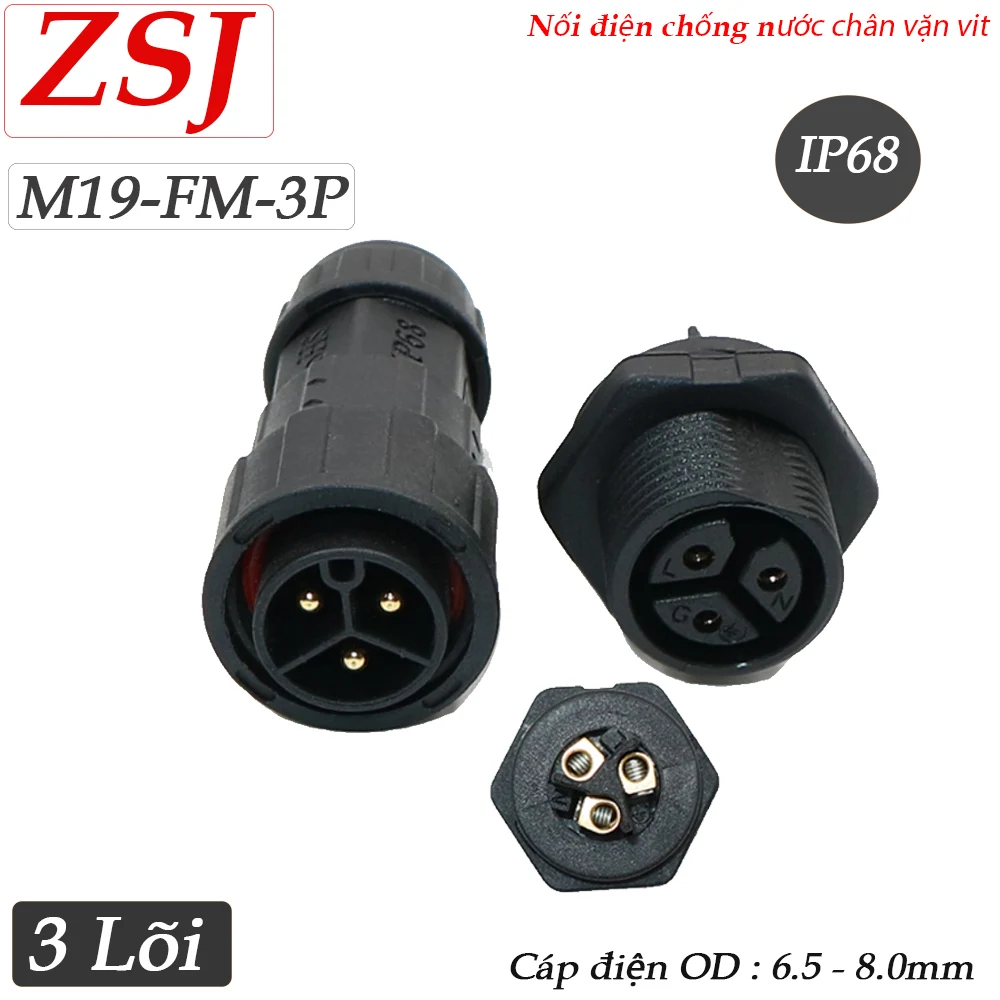 Đầu nối điện chống nước 3 lõi lắp bảng điều khiển IP68 ZSJ M19-FM/MF-3P