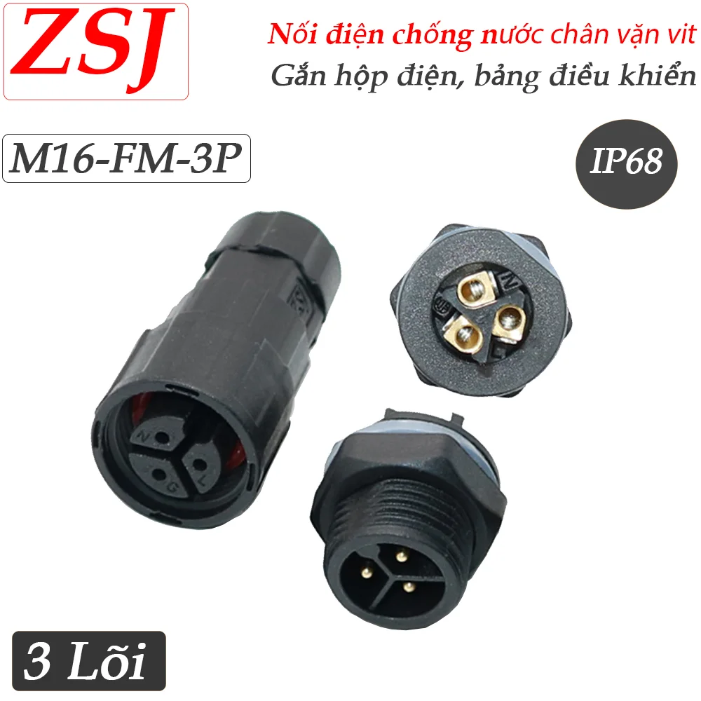 Đầu nối điện chống nước 3 lõi lắp bảng điều khiển M16-FM-3P