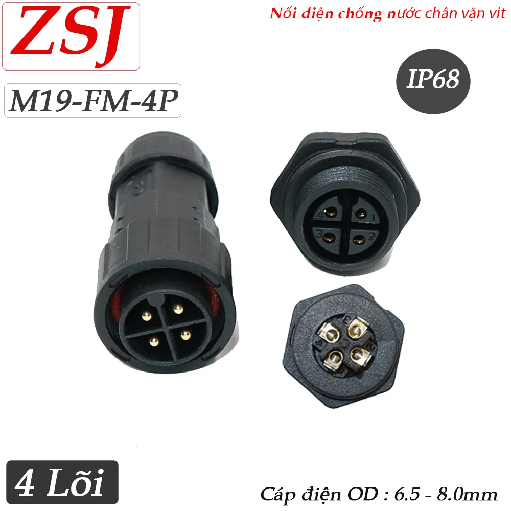 Đầu nối điện chống nước 4 lõi lắp bảng điều khiển IP68 ZSJ M19-FM/MF-4P