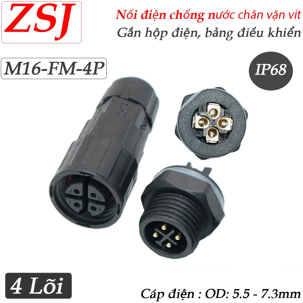 Đầu nối điện chống nước 4 lõi lắp bảng điều khiển M16-FM-4P