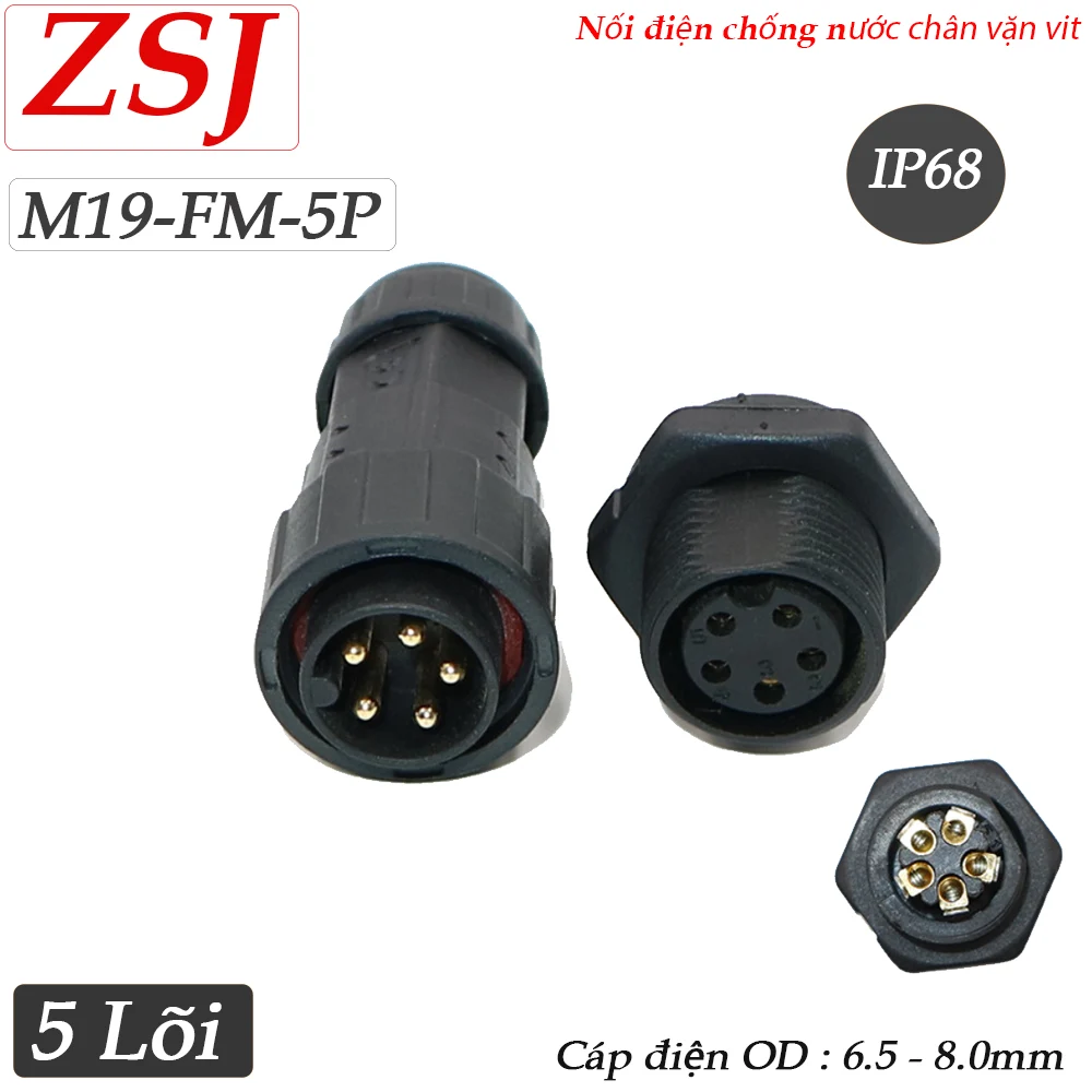 Đầu nối điện chống nước 5 lõi lắp bảng điều khiển IP68 ZSJ M19-FM/MF-5P