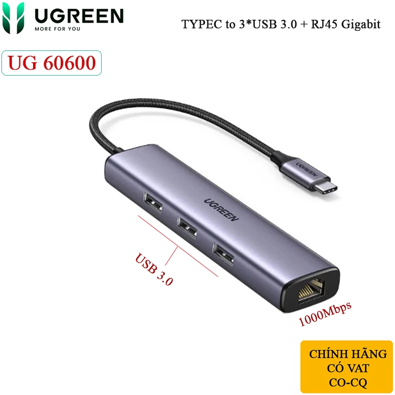 Bộ Chia Usb Typec Ra 3 Cổng Usb 3.0 + Rj45 Gigabit Ugreen 60600