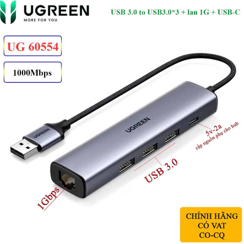 Bộ Chia Usb 3.0 Ra Lan Gigabit + 3 Cổng Usb 3.0 Ugreen 60554