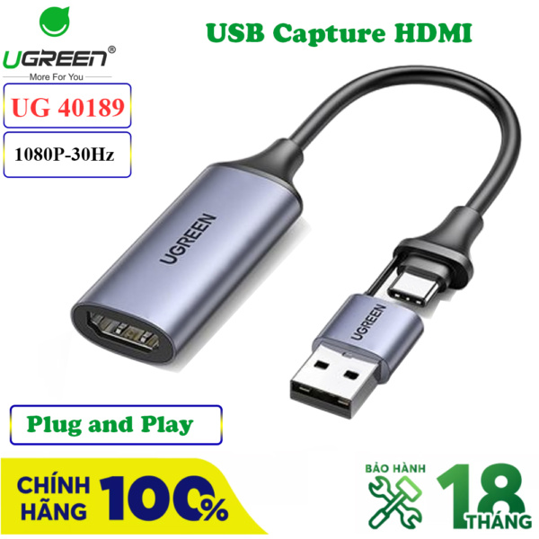 USB 2.0 capture ghi hình HDMI chuẩn 1080@30Hz chính hãng Ugreen 40189