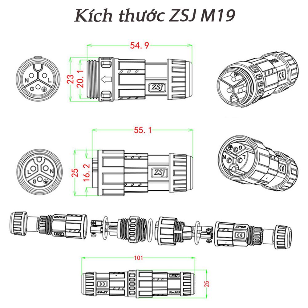 Đầu nối dây điện chống nước chuẩn IP68 chính hãng ZSJ M19-MF chân bắt vít - Phụ Kiện Điện Tử. Vn